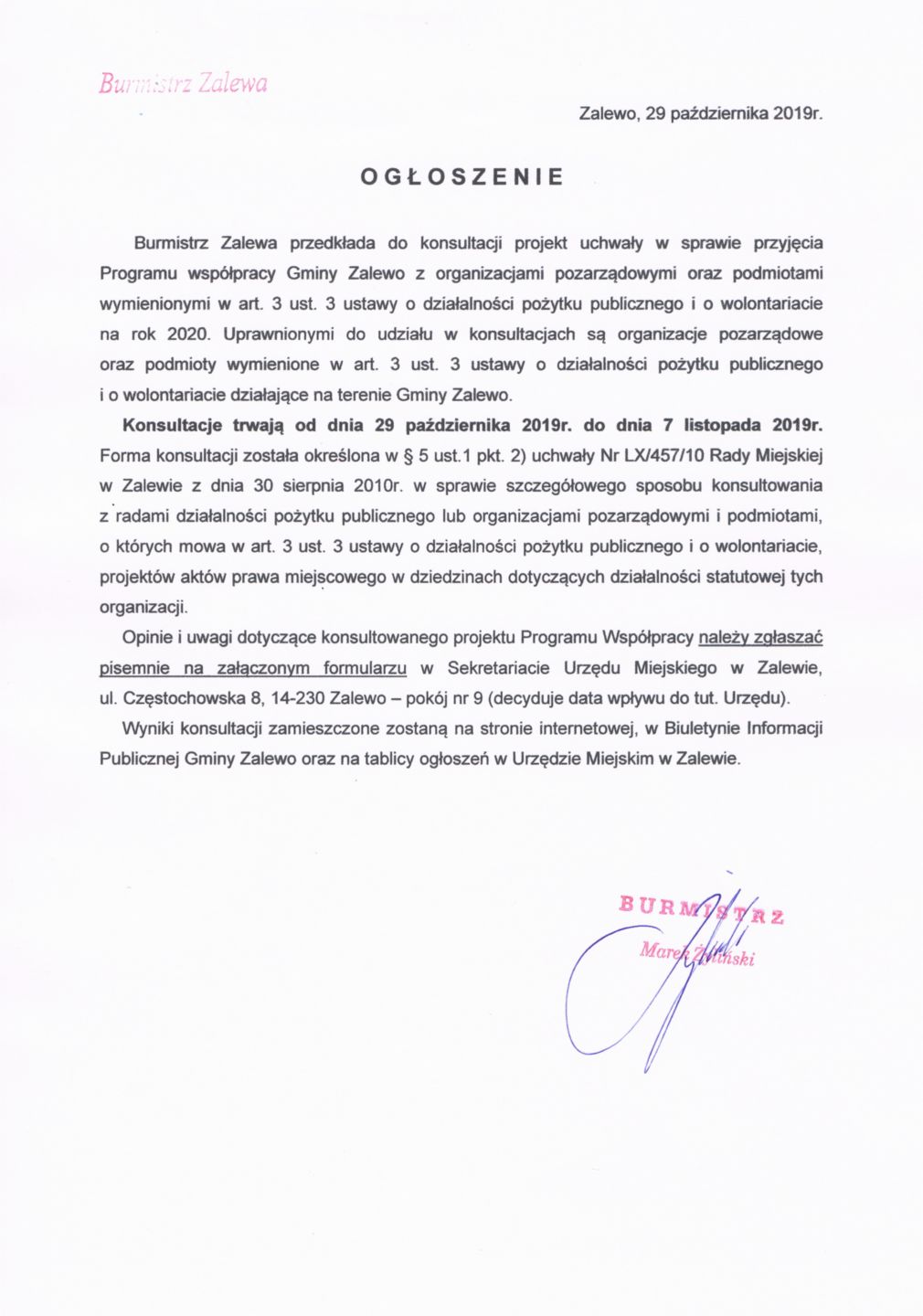 Ogłoszenie Burmistrza Zalewa z dnia 29.10.2019r. w sprawie konsultacji projektu Programu współpracy Gminy Zalewo z organizacjami pozarządowymi na rok 2020