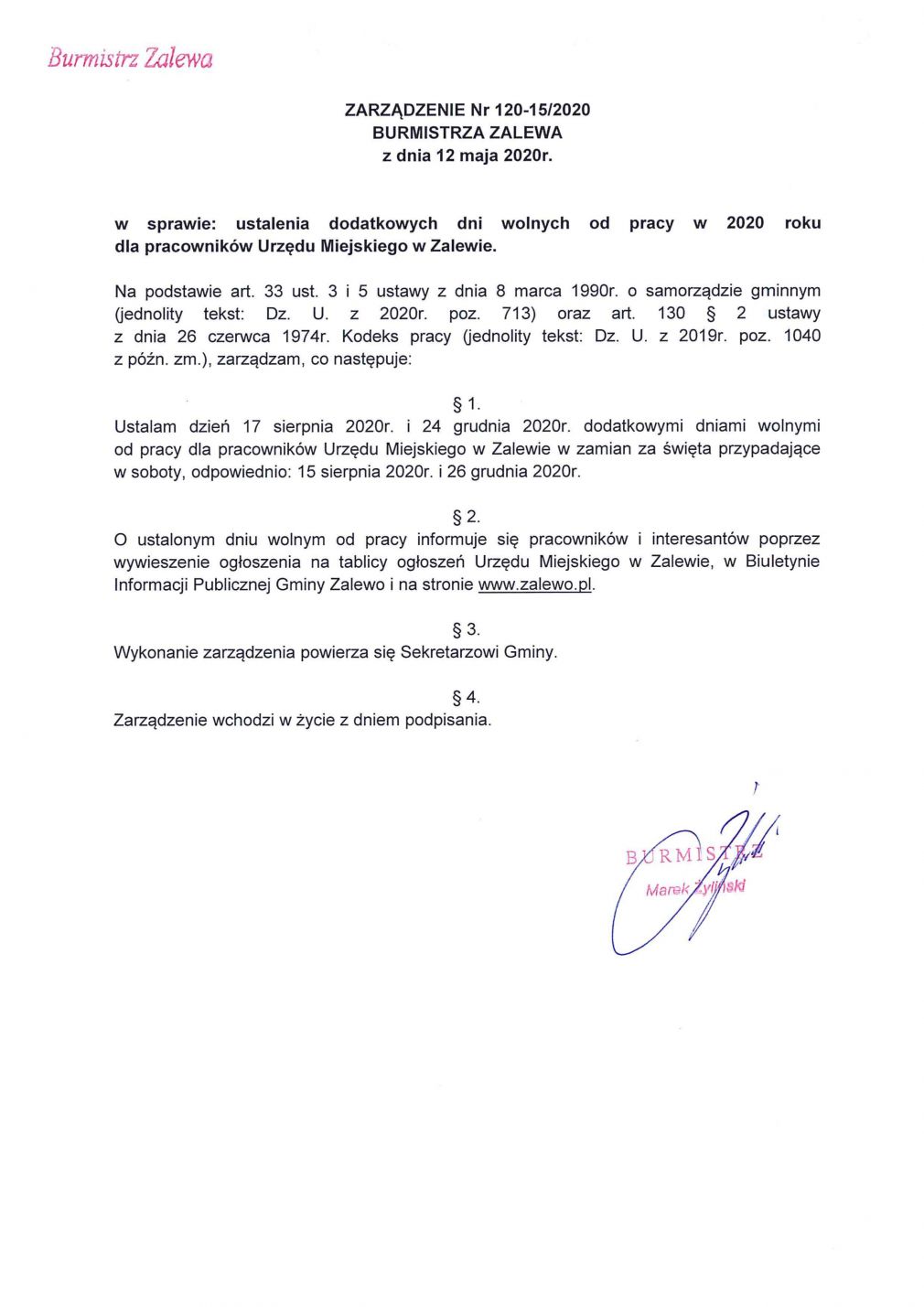 Zarządzenie Nr 120-15/2020 Burmistrza Zalewa z dnia 12 maja 2020 r.