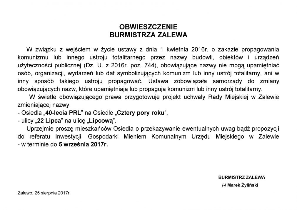 Obwieszczenie Burmistrza Zalewa
