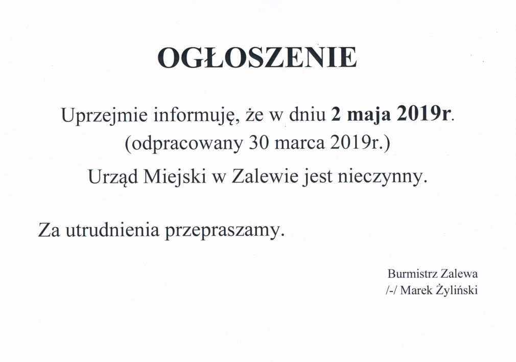 Ogłoszenie Burmistrza Zalewa