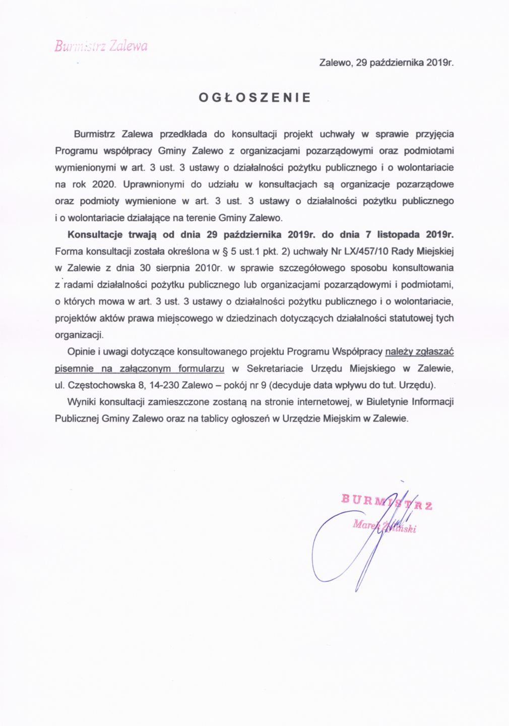 Ogłoszenie Burmistrza Zalewa z dnia 29.10.2019r. w sprawie konsultacji projektu Programu współpracy Gminy Zalewo z organizacjami pozarządowymi na rok 2020