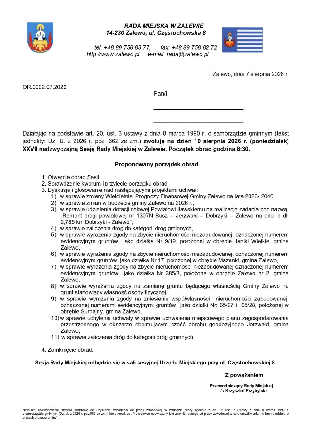 Zaproszenie na XXVII nadzwyczajną Sesję Rady Miejskiej w Zalewie - 10.08.2026 r.