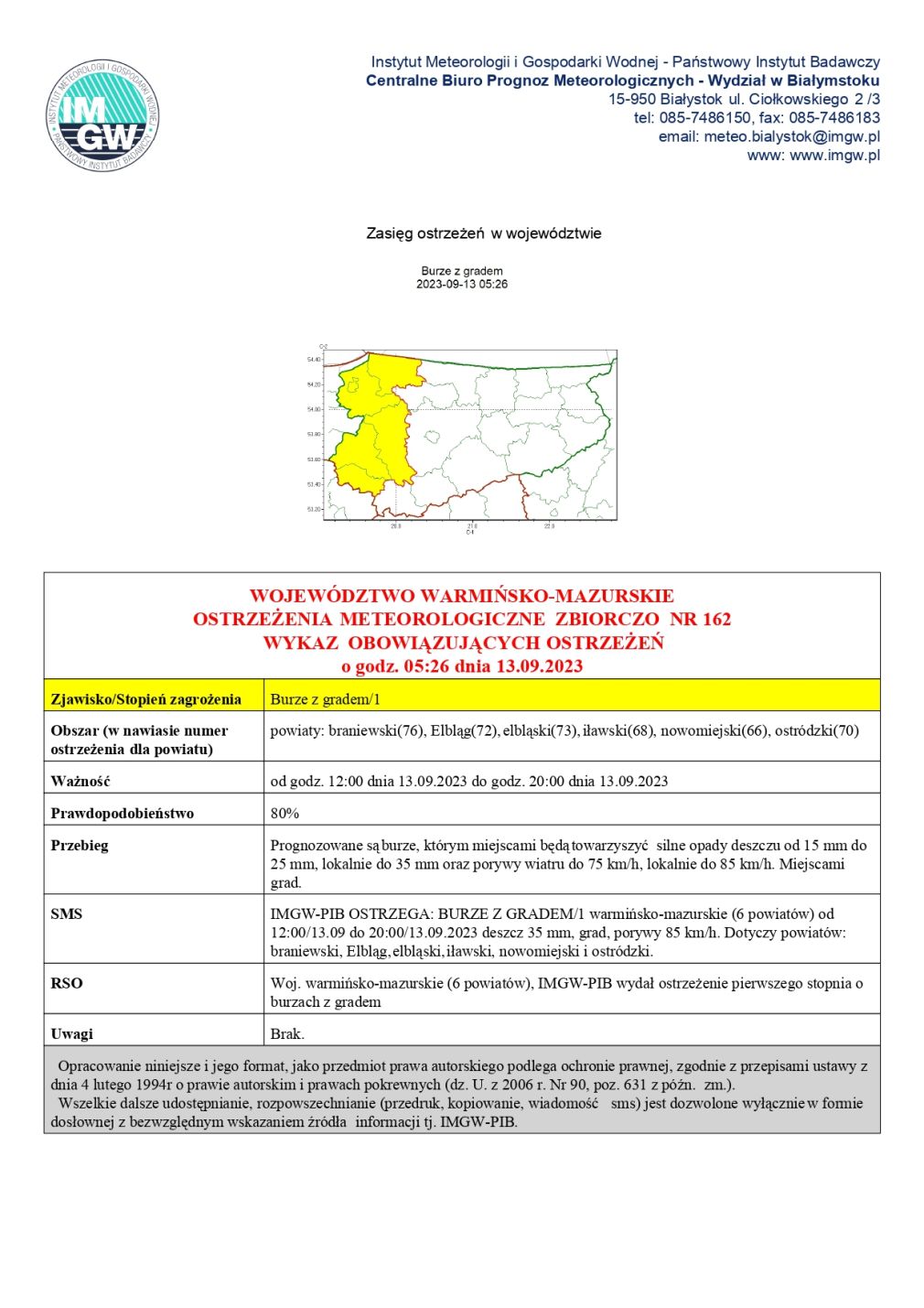 Ostrzeżenie meteorologiczne zbiorczo nr 162