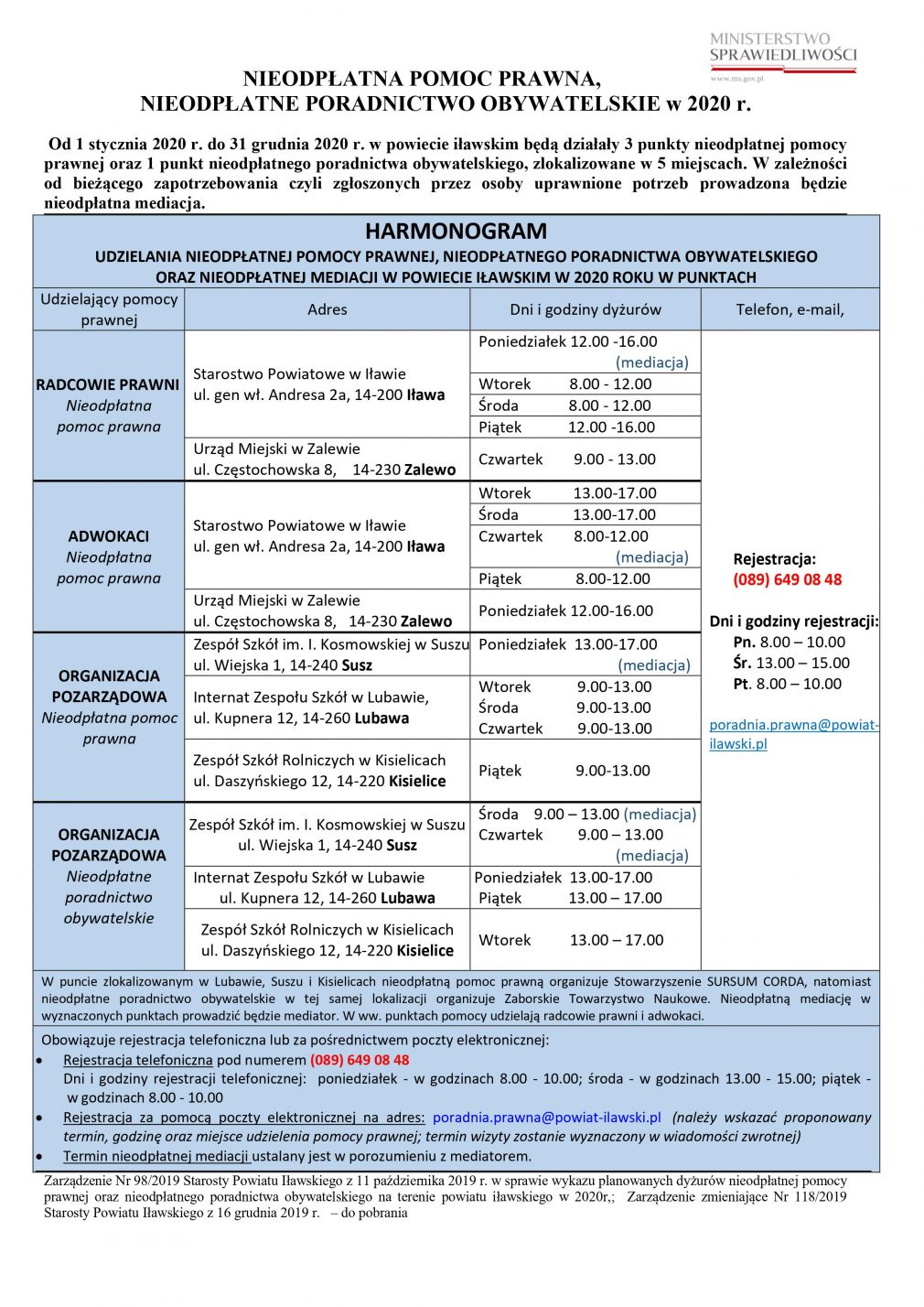 Harmonogram nieodpłatnej pomocy prawnej, nieodpłatnego poradnictwa obywatelskiego w 2020 r.