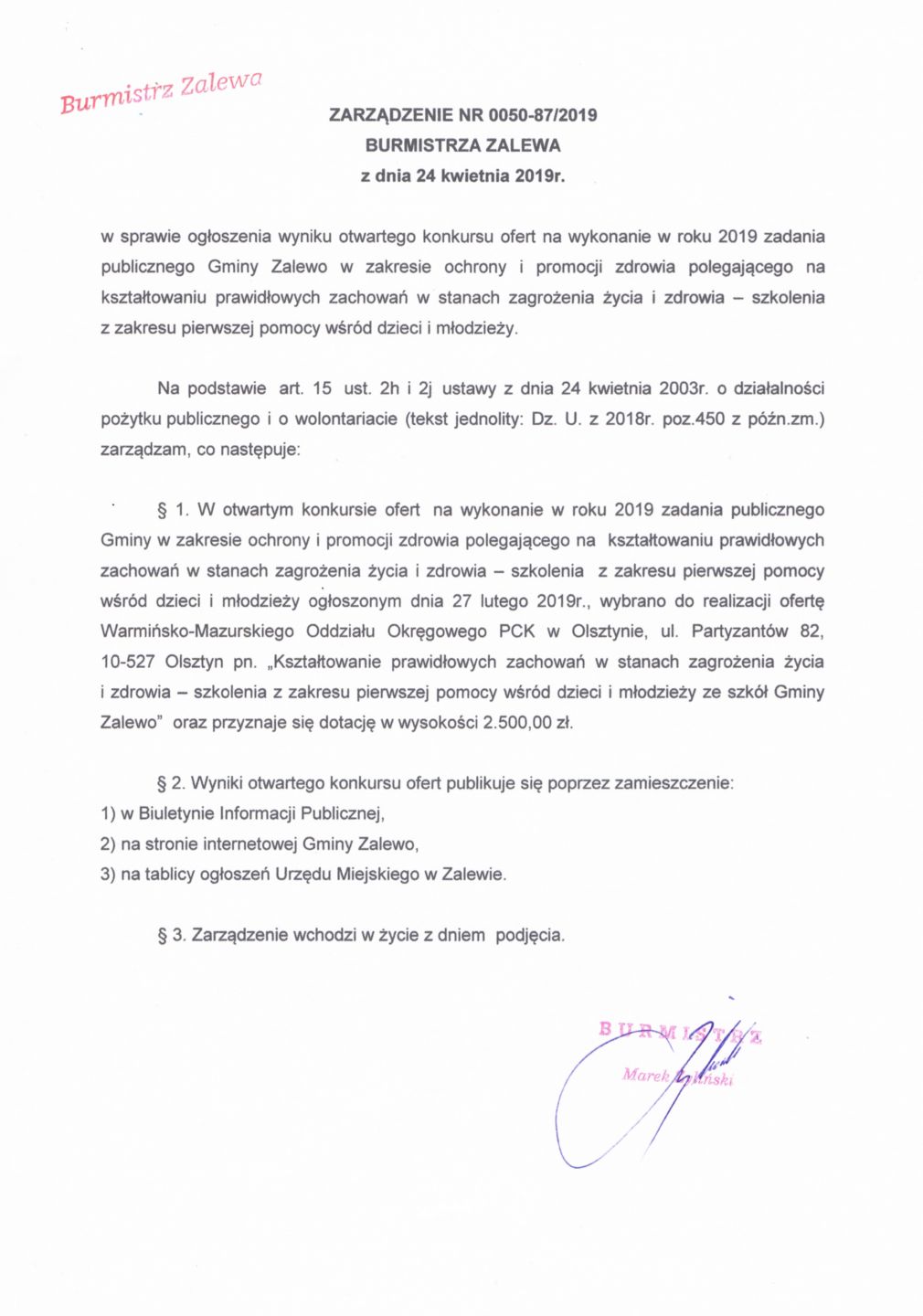 Ogłoszenie wyniku otwartego konkursu ofert - szkolenia z zakresu pierwszej pomocy wśród dzieci i młodzieży