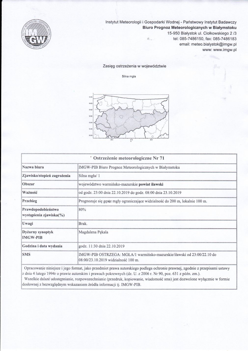 OSTRZEŻENIE METEOROLOGICZNE NR 71 z dnia 22.10.2019r.