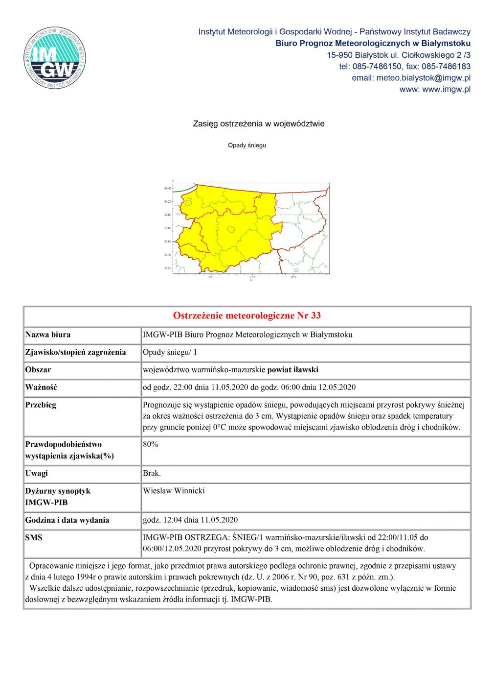 Ostrzeżenie meteorologiczne Nr 33