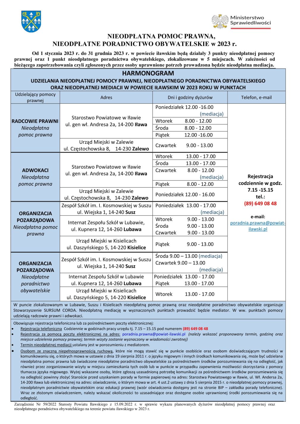 Harmonogram udzielenia nieodpłatnej pomocy prawnej, nieodpłatnego poradnictwa obywatelskiego, nieodpłatnej mediacji w powiecie iławskim w 2023 r.