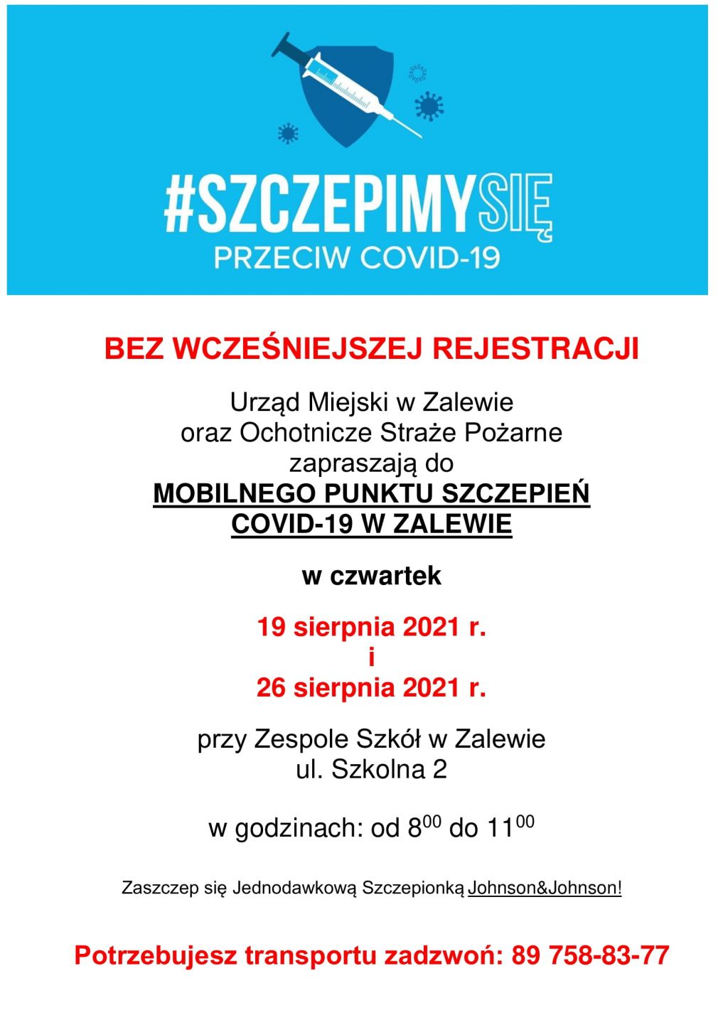 Zaproszenie do Mobilnego Punktu Szczepień w Zalewie