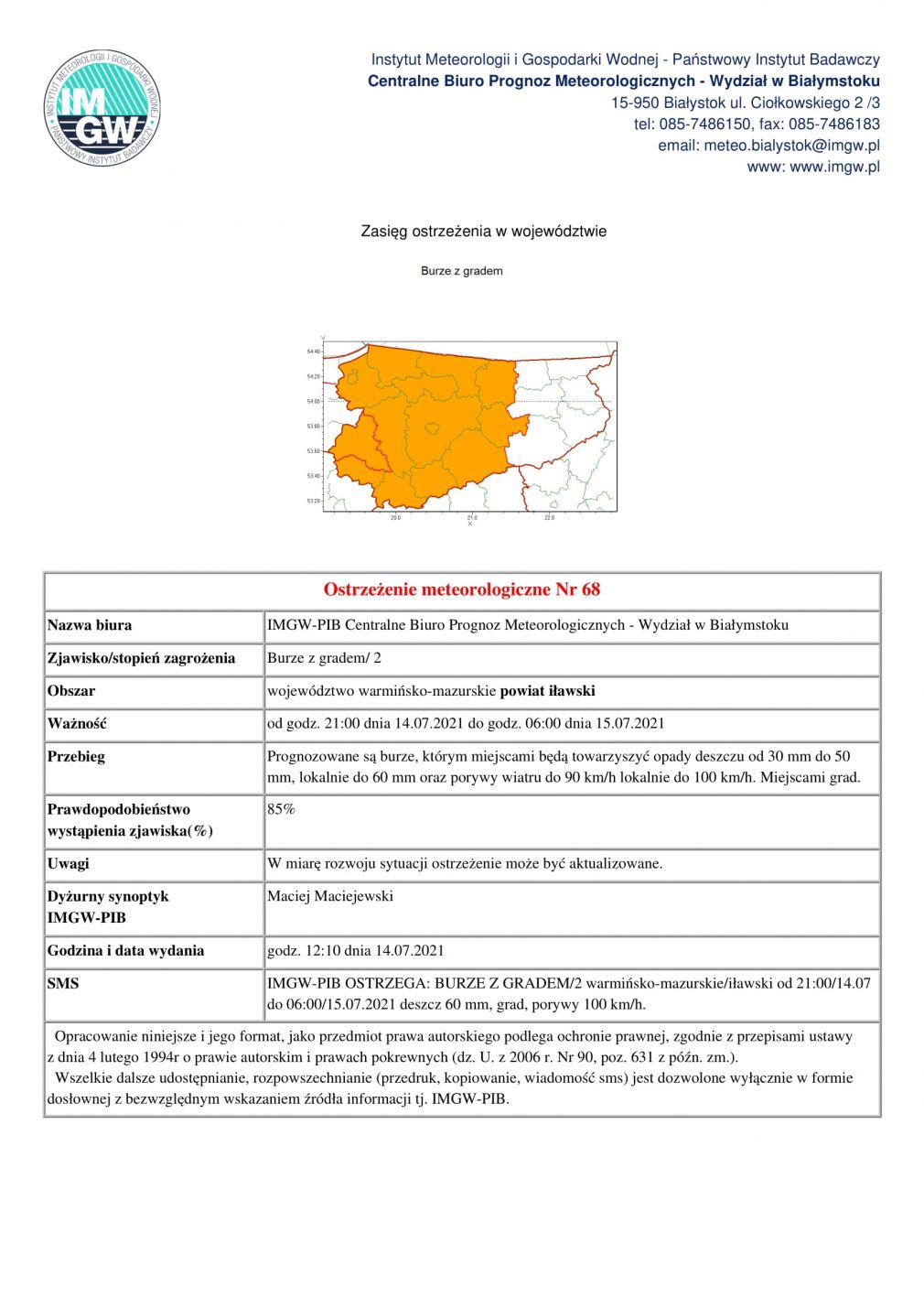 Ostrzeżenie meteorologiczne Nr 68