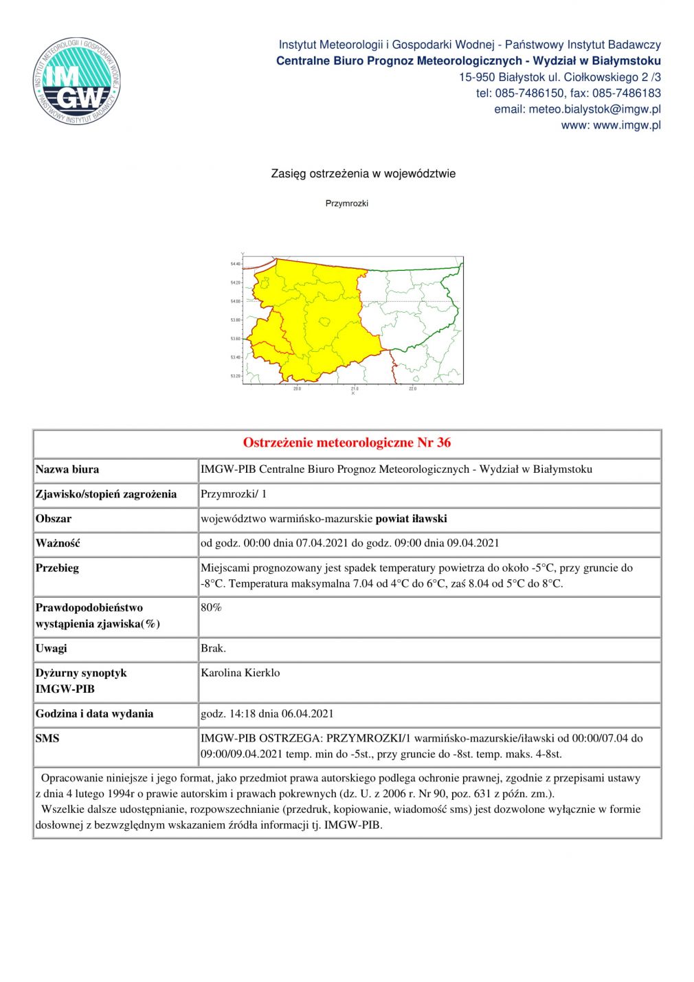 Ostrzeżenie meteorologiczne Nr 36