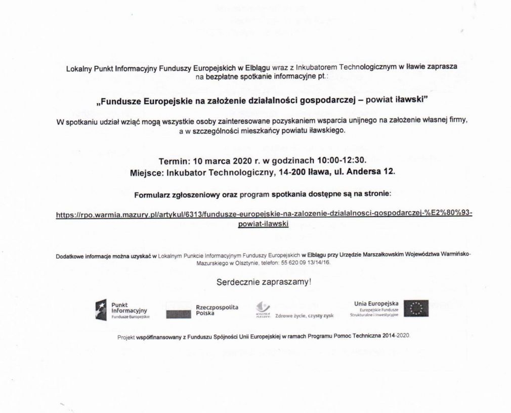 Zaproszenie na spotkanie informacje pt.: &quot;Fundusze Europejskie na założenie działalności gospodarczej - powiat iławski&quot;