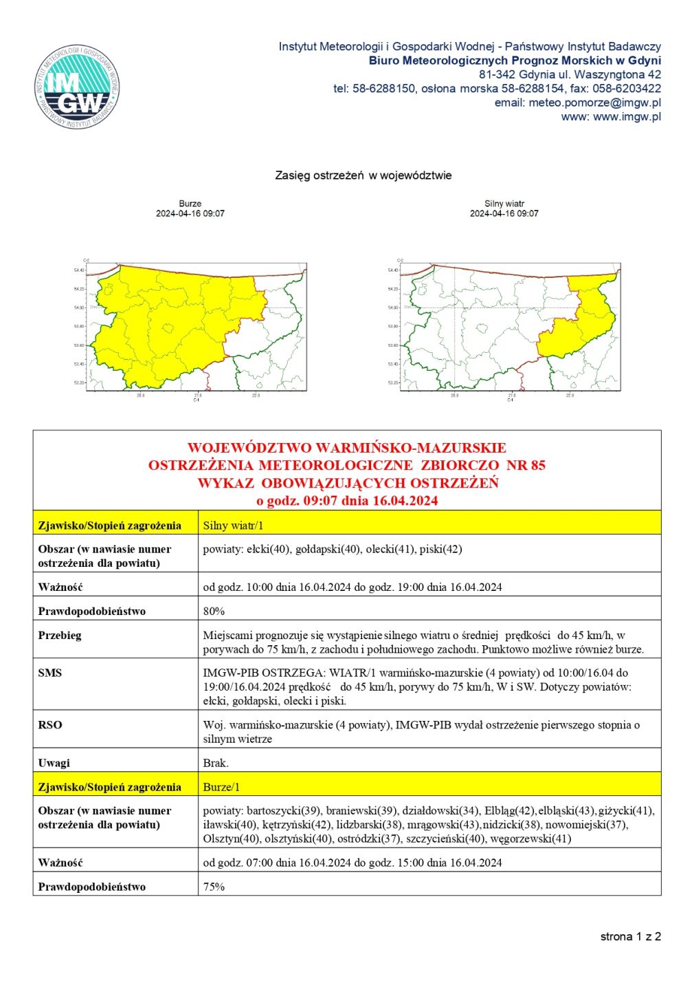 Ostrzeżenie meteorologiczne zbiorczo 85