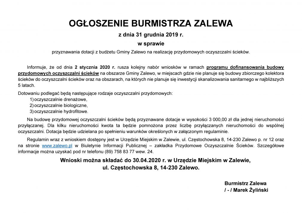 Ogłoszenie Burmistrza Zalewa w sprawie przyznawania dotacji z budżetu Gminy Zalewo na realizację przydomowych oczyszczalni ścieków