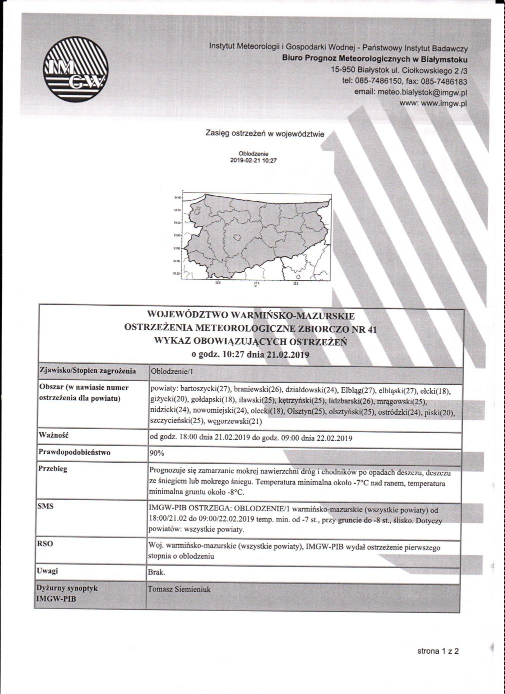 OSTRZEŻENIE METEOROLOGICZNE Nr 41