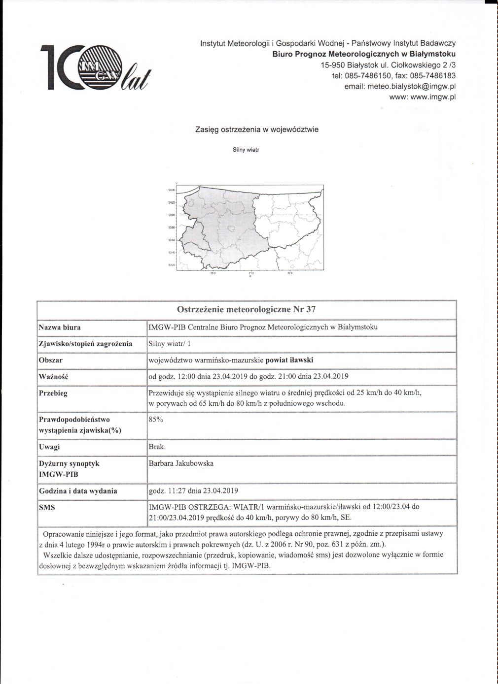 OSTRZEŻENIE METEOROLOGICZNE Nr 37