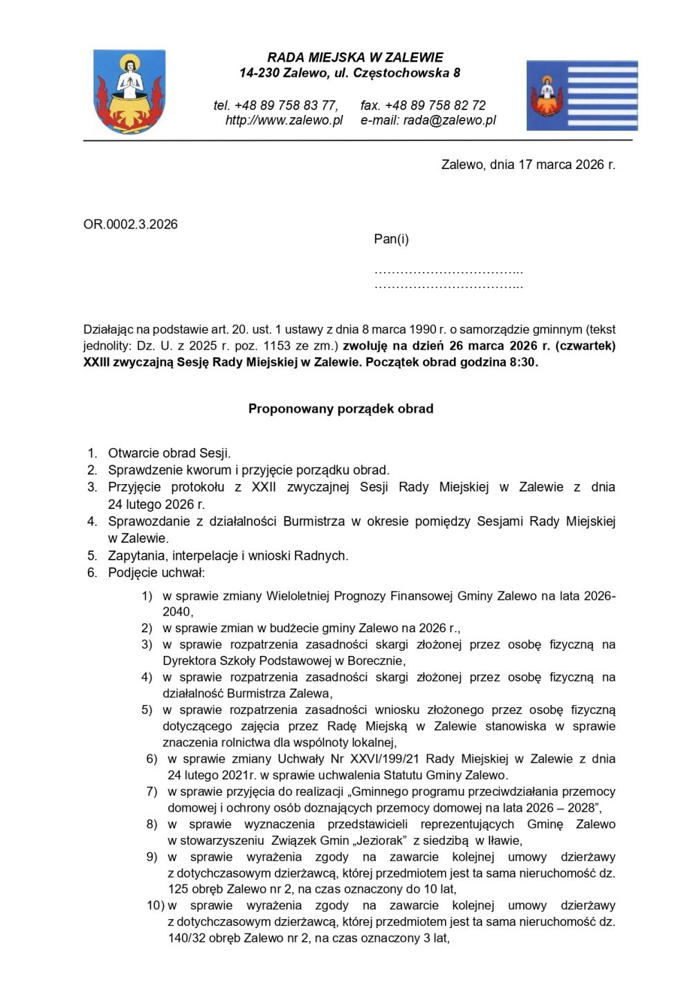 Zaproszenie na XXIII zwyczajną Sesję Rady Miejskiej w Zalewie - 26.03.2026 r.