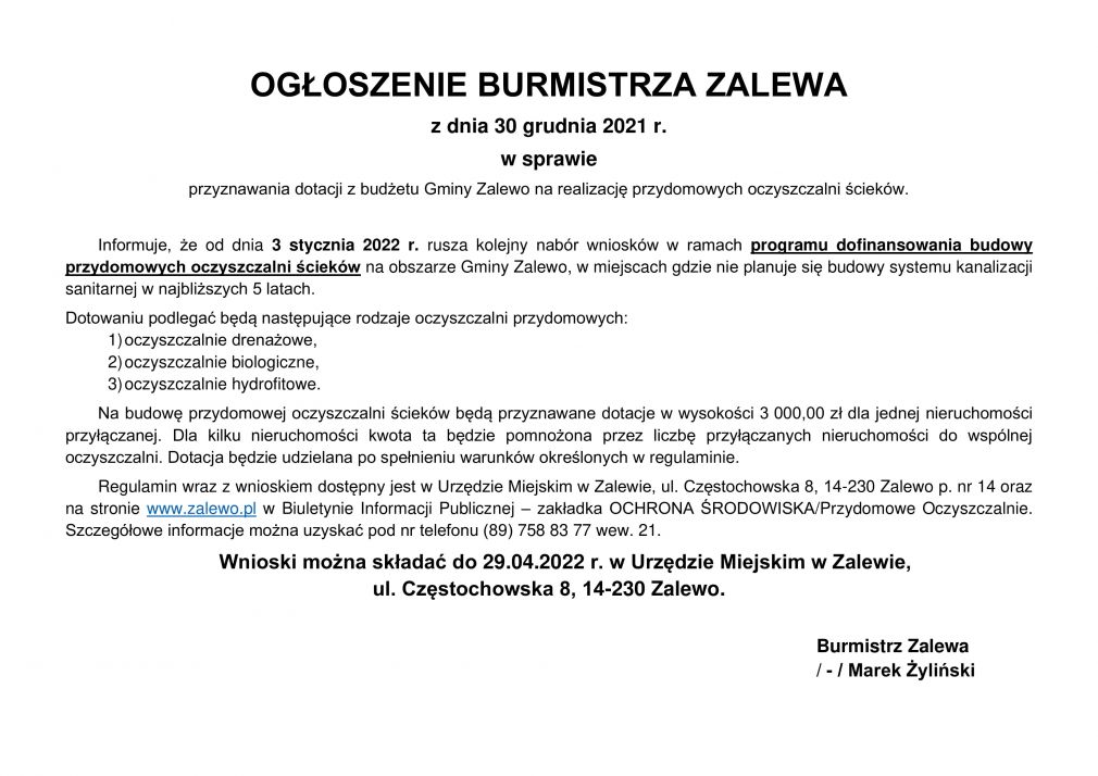 Ogłoszenie o możliwości składania wniosków na budowę przydomowych oczyszczalni ścieków