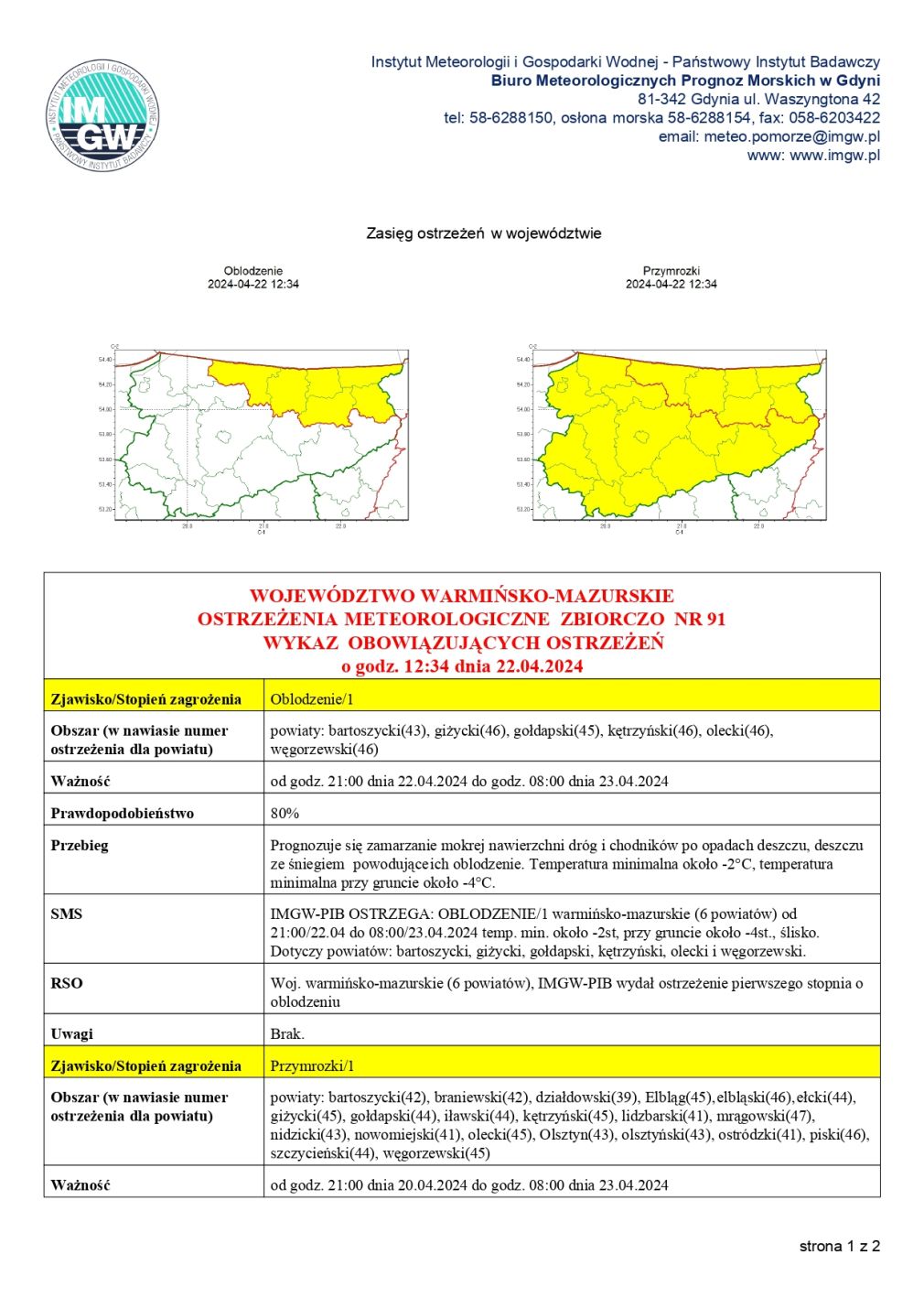 Ostrzeżenie meteorologiczne zbiorczo nr 91