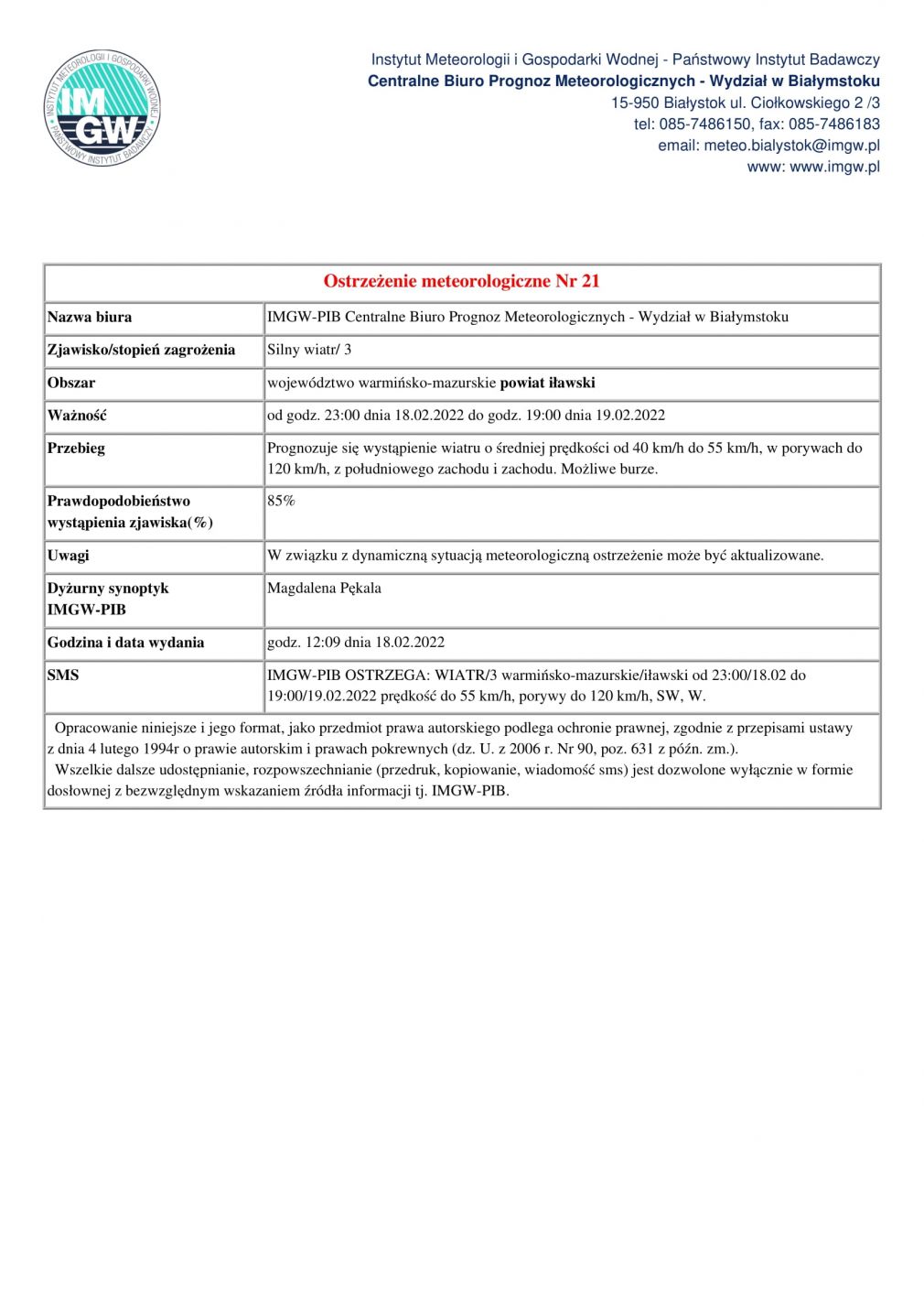 Ostrzeżenie meteorologiczne Nr 21