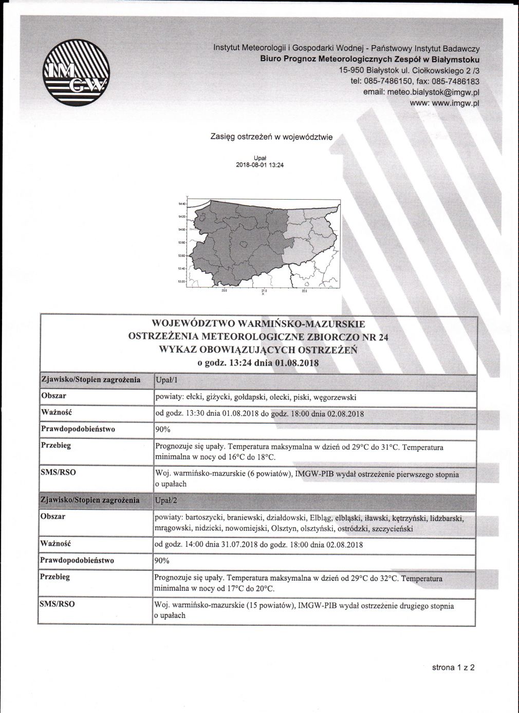 Ostrzeżenie meteorologiczne zbiorcze nr 24 wykaz obowiązujacych ostrzeżeń