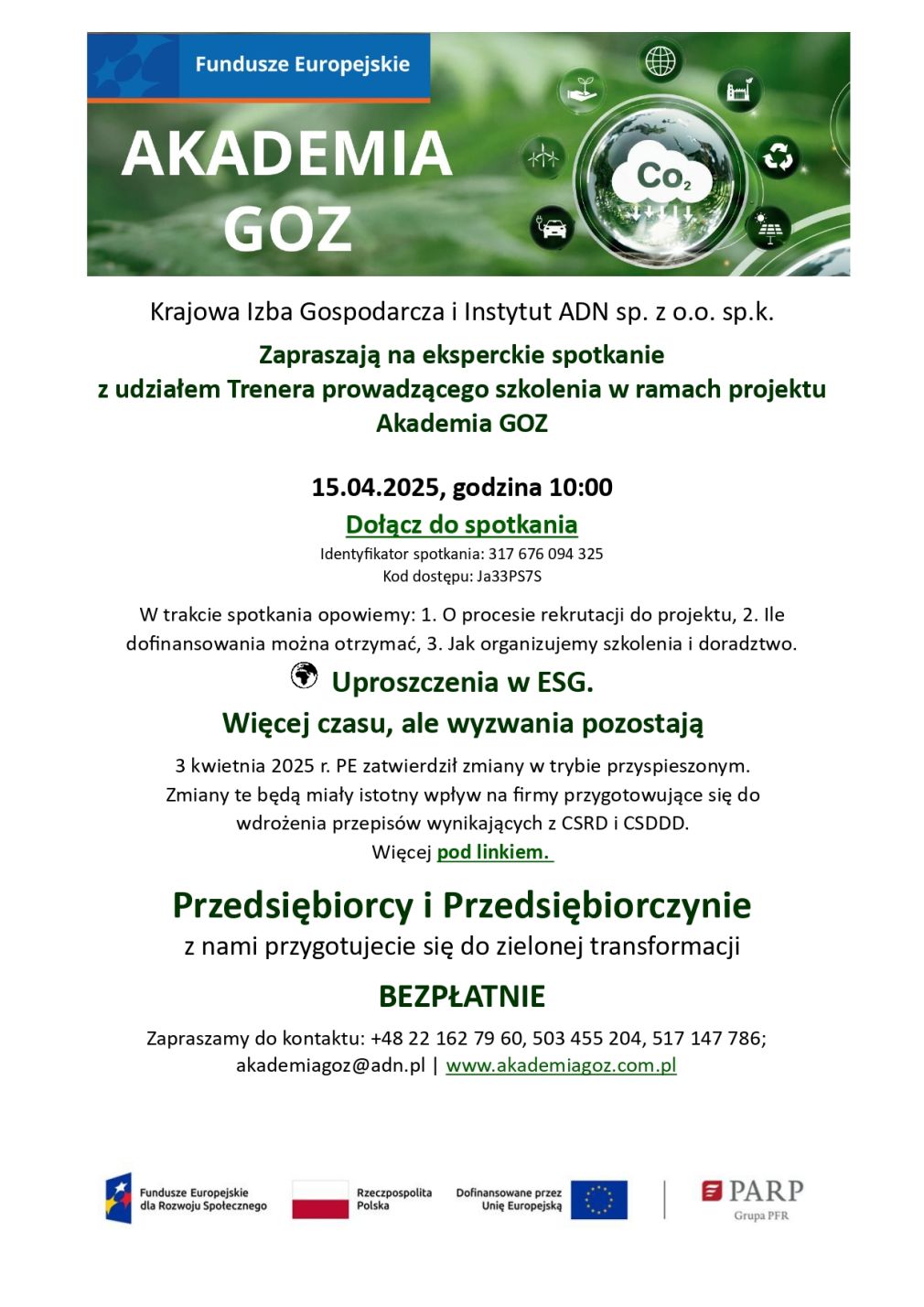 Zaproszenie na spotkanie online dla przedsiębiorców w ramach projektu Akademia GOZ