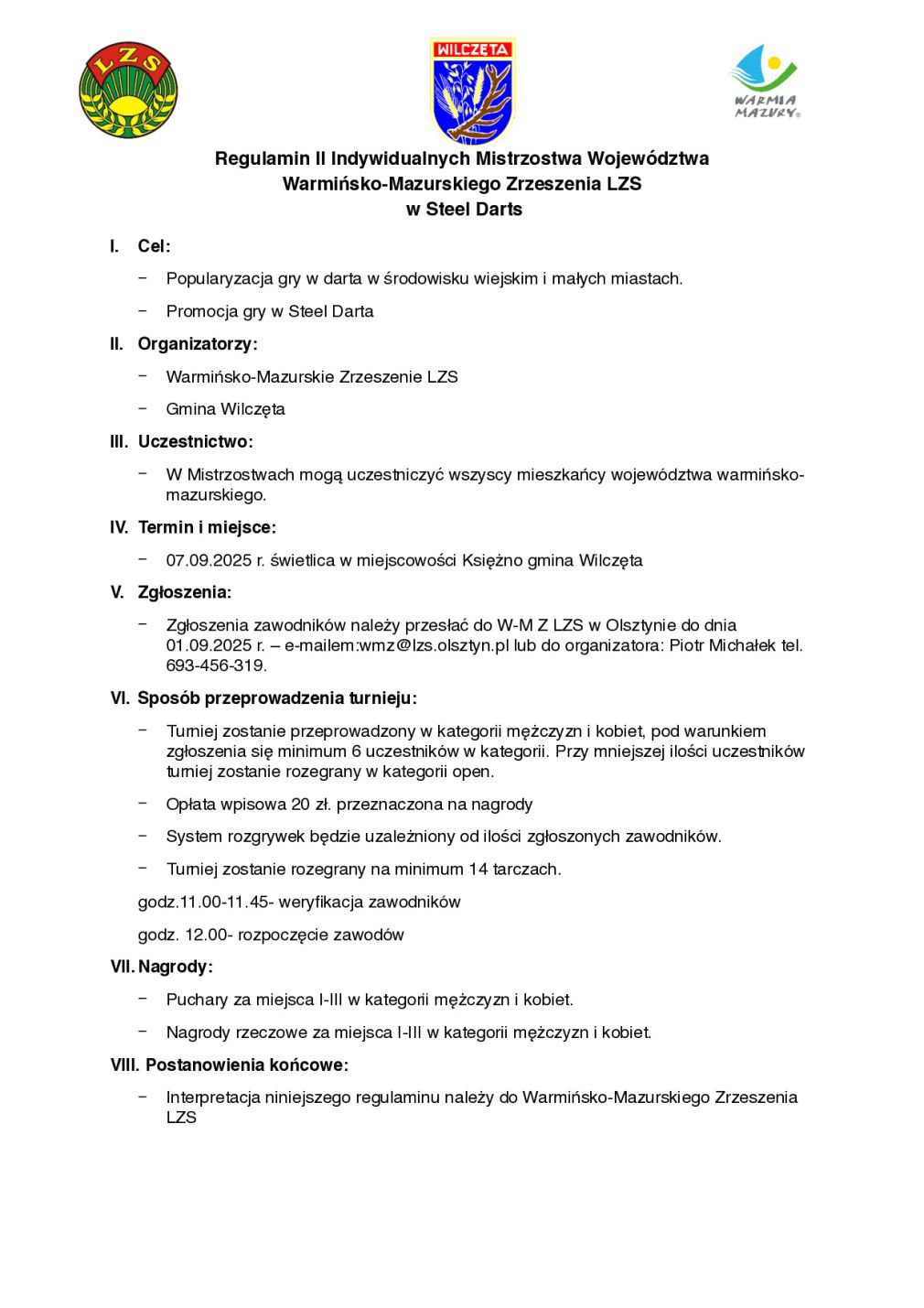 II Indywidualne Mistrzostwa Województwa Warmińsko-Mazurskiego Zrzeszenia LZS w Steel Darts - 07.09.2025 r. Księżno, gm. Wilczęta