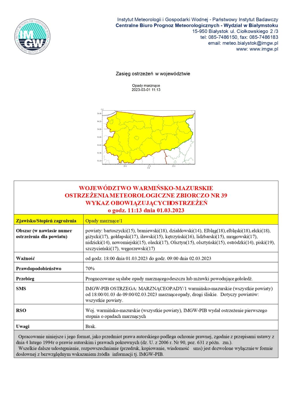 Ostrzeżenie meteorologiczne nr 39