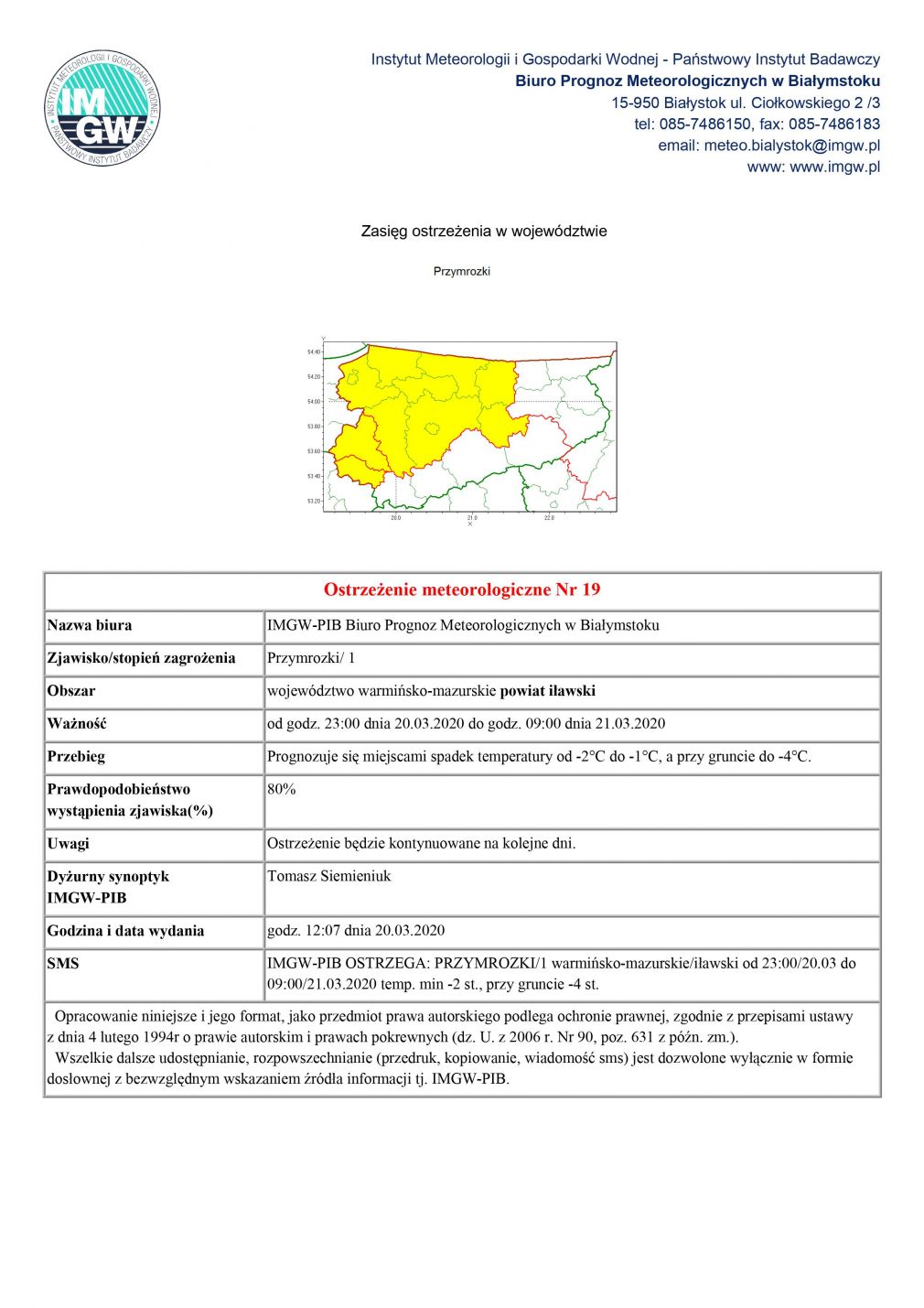 OSTRZEŻENIE METEOROLOGICZNE Nr 9 z dnia 20.03.2020 r.