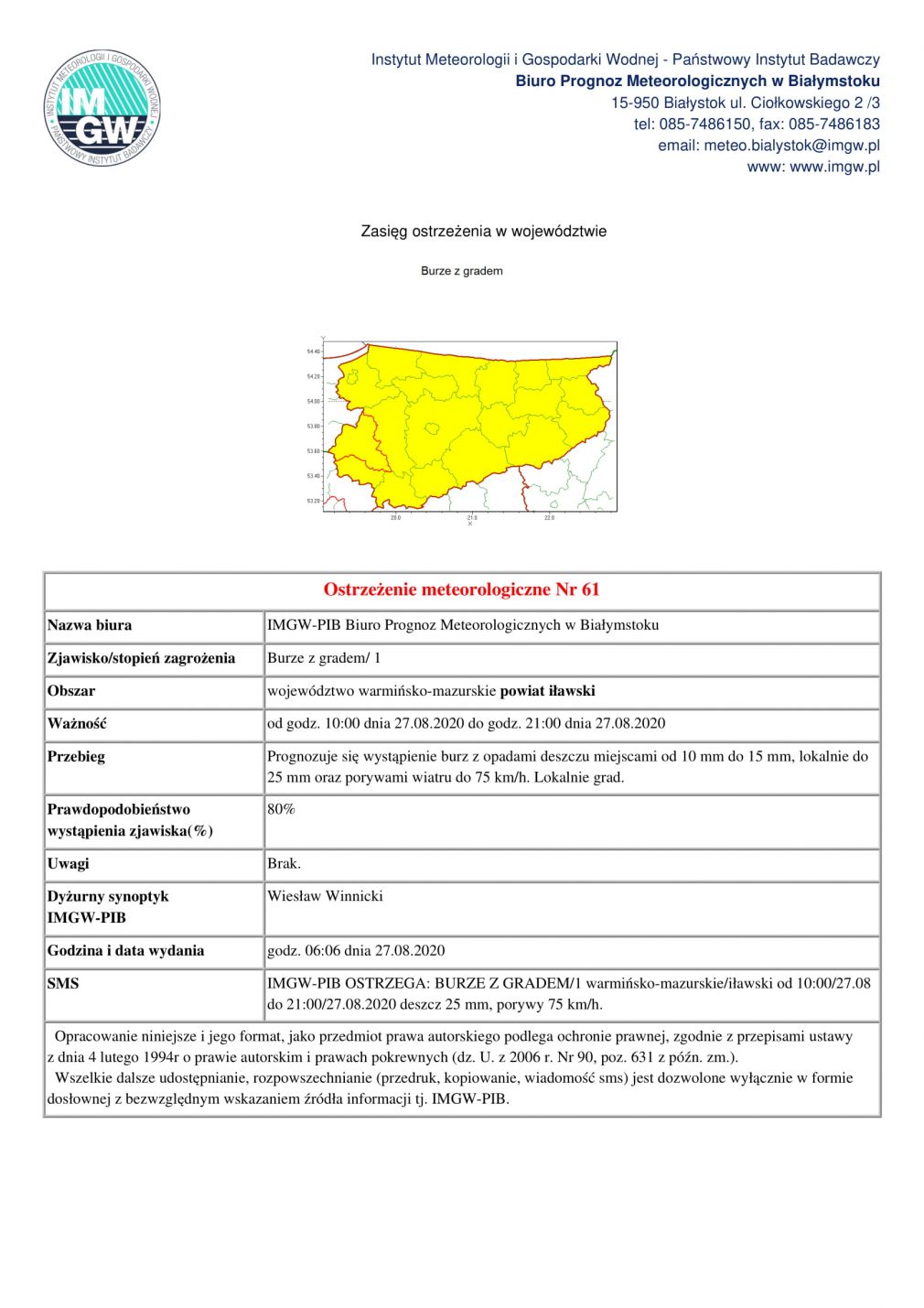 Ostrzeżenie meteorologiczne Nr 61