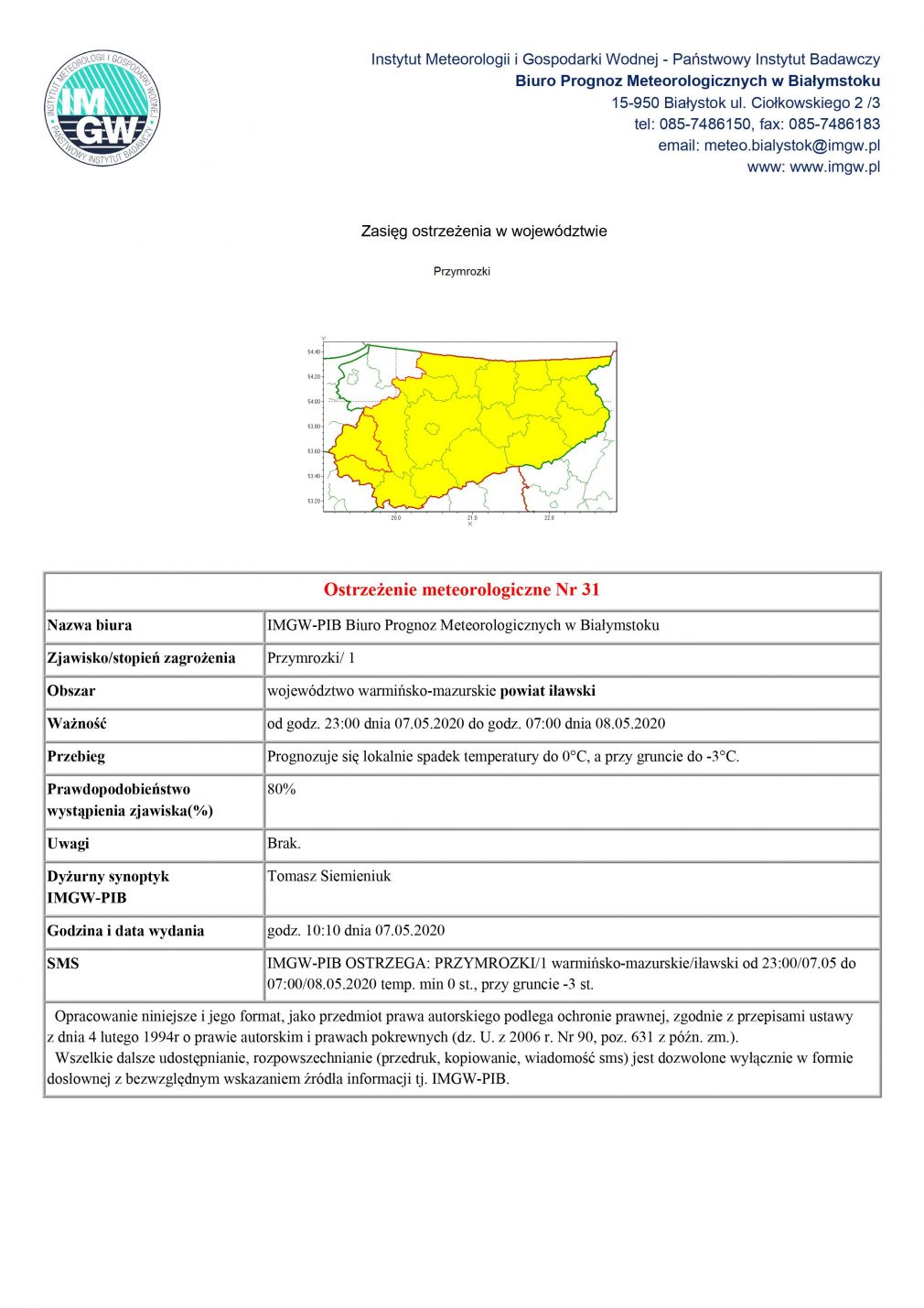 Ostrzeżenie meteorologiczne Nr 31