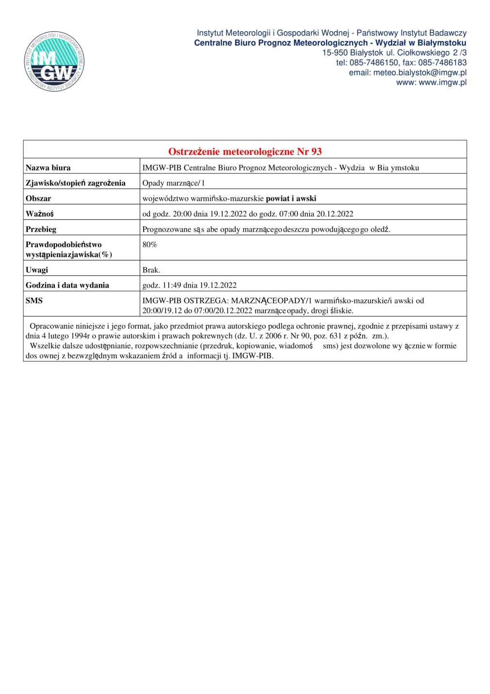 Ostrzeżenie meteorologiczne Nr 93