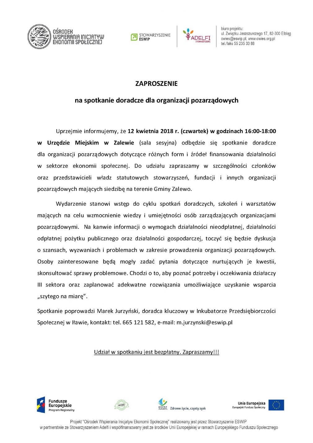 ZAPROSZENIE na spotkanie doradcze dla organizacji pozarządowych