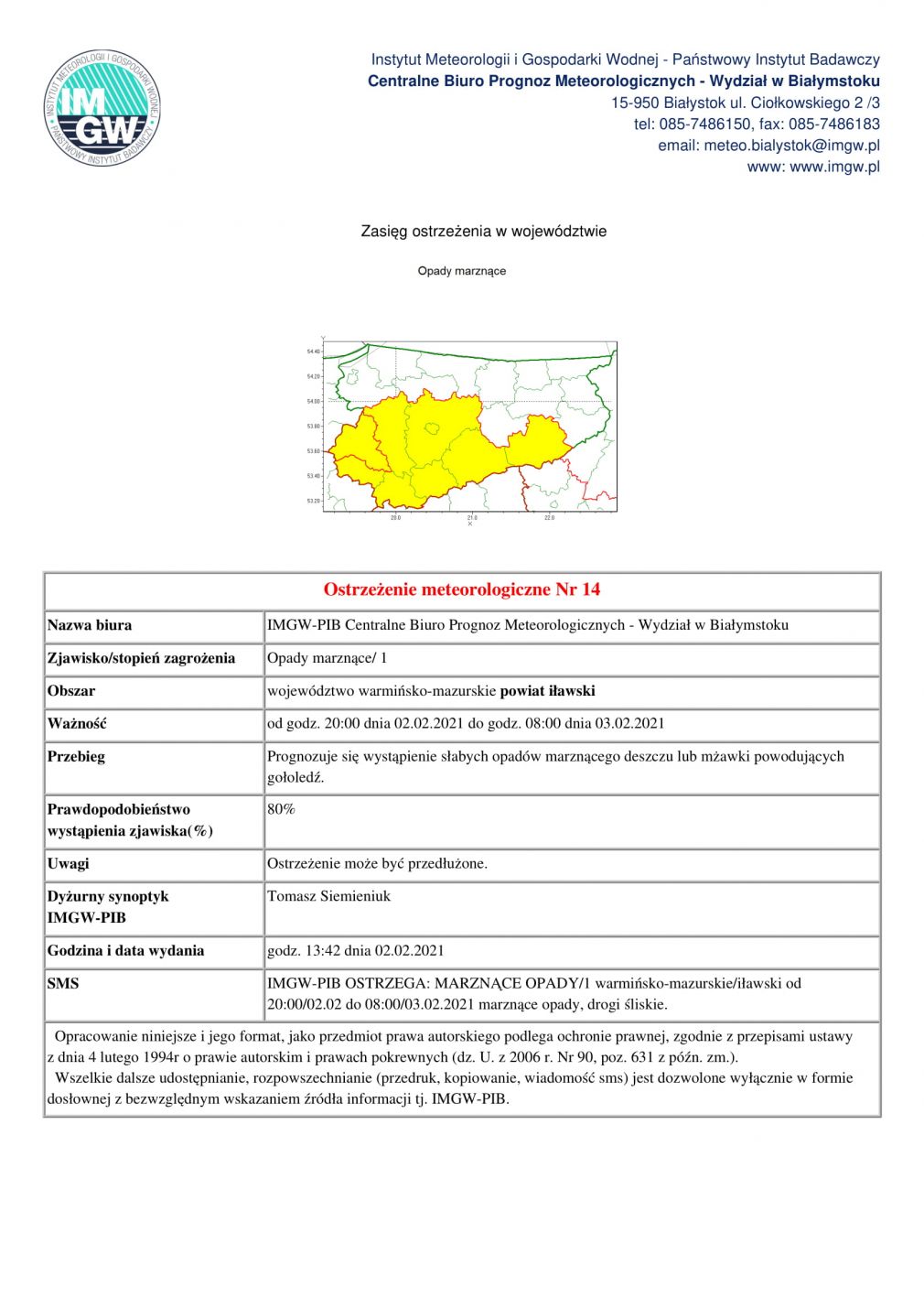 Ostrzeżenie meteorologiczne Nr 14