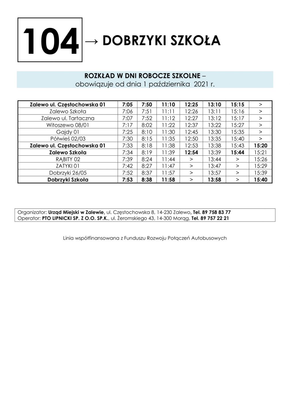 linia autobusowa Dobrzyki-Rąbity- Witoszewo- Gajdy- Zalewo