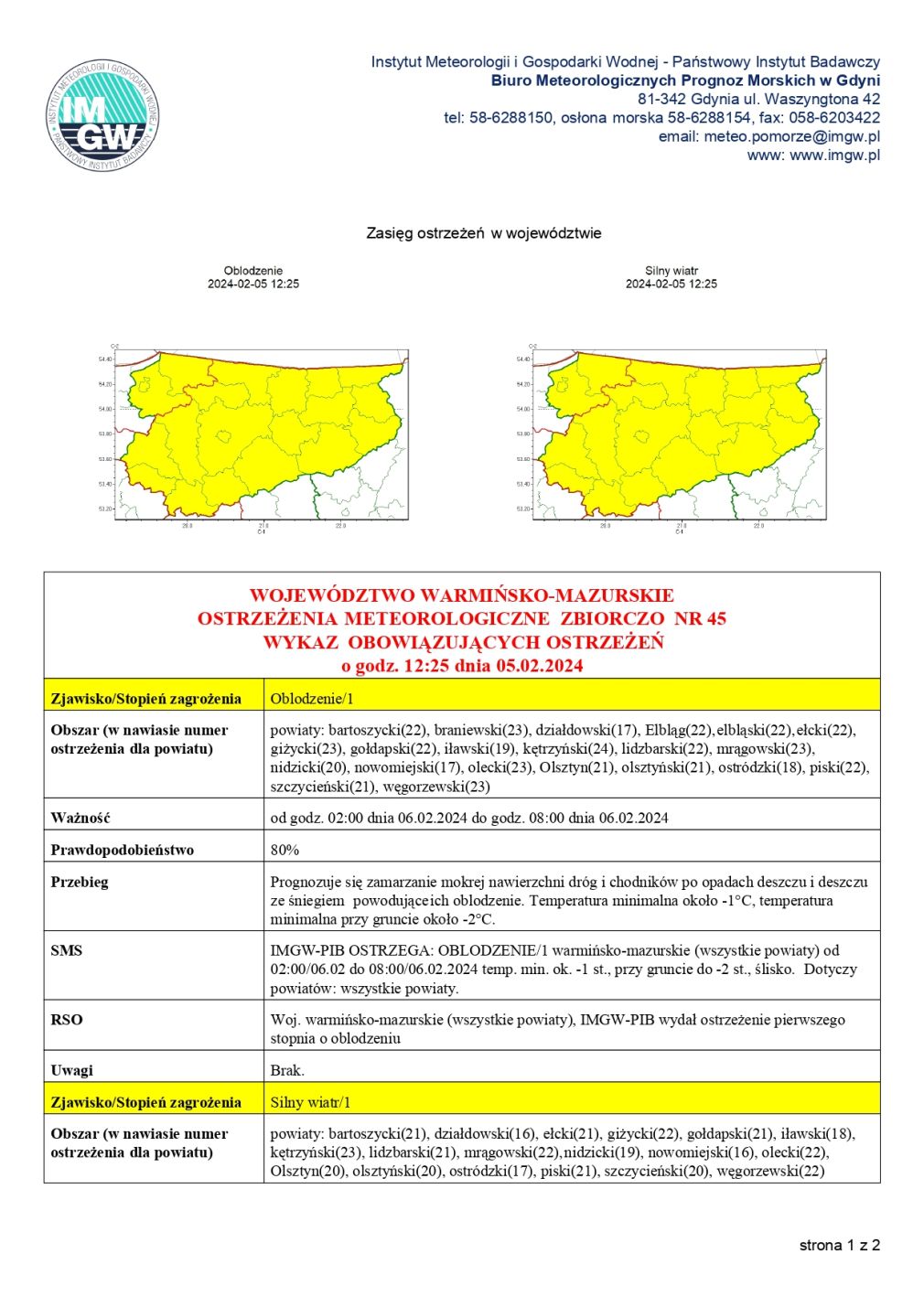 Ostrzeżenie meteorologiczne zbiorczo nr 45