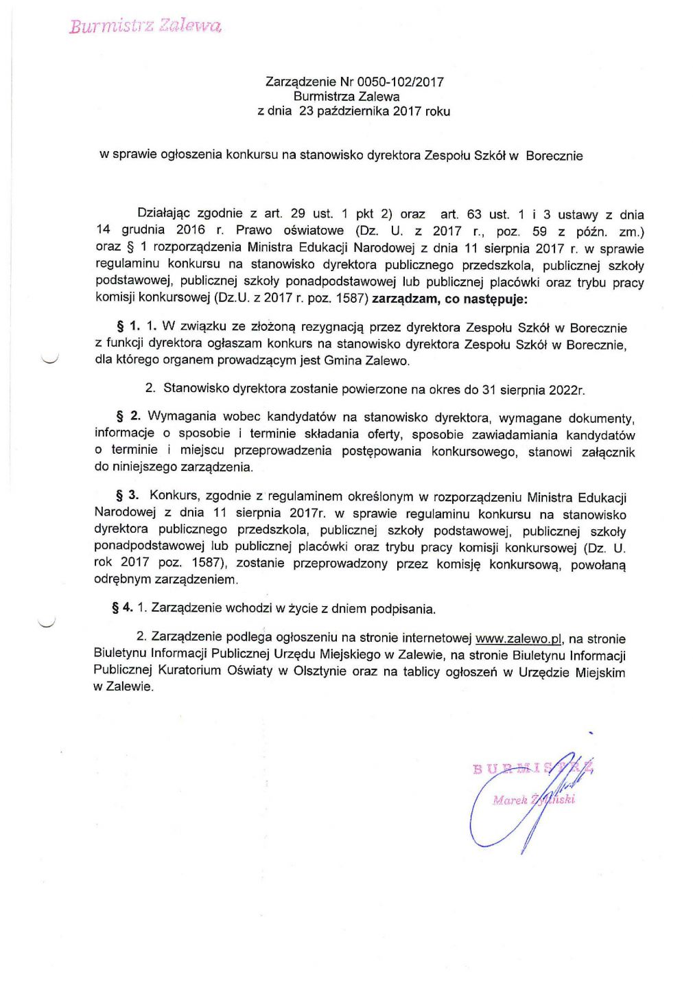 Konkurs na stanowisko dyrektora ZS w Borecznie