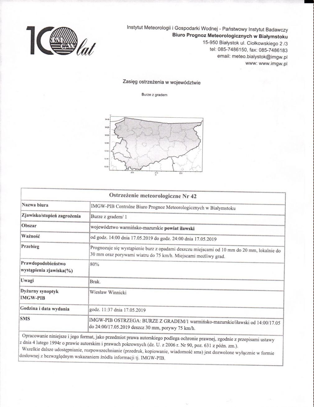 OSTRZEŻENIE METEOROLOGICZNE NR 42 z dnia 17.05.2019r.