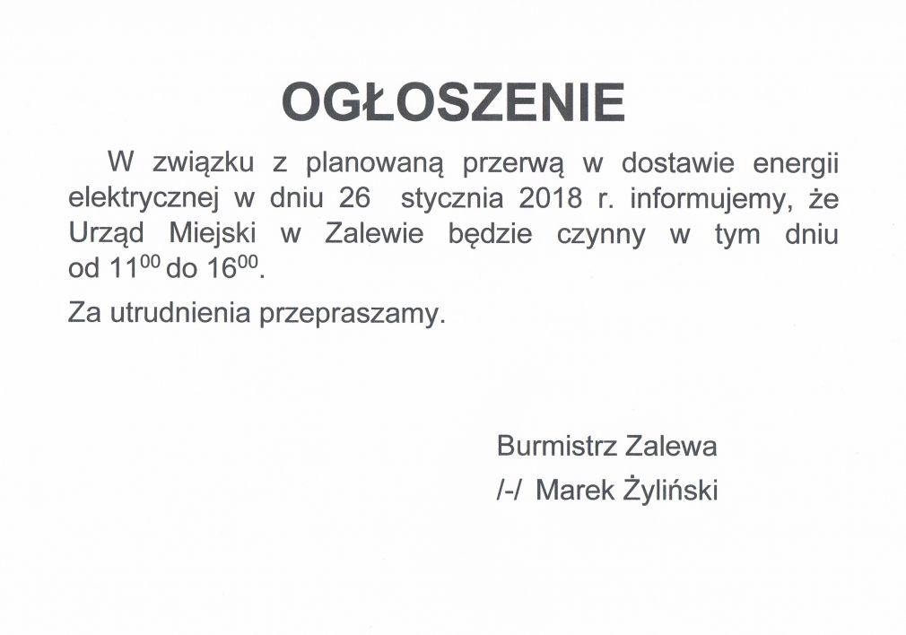 26 styczeń - zmiana godzin pracy Urzędu Miejskiego