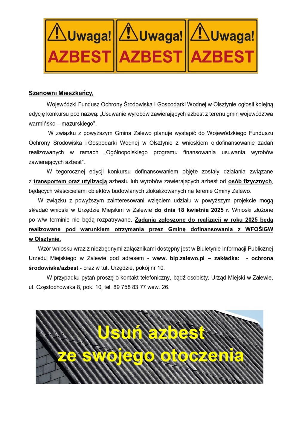 Informacja dotycząca składania wniosków o usunięcie wyrobów azbestowych