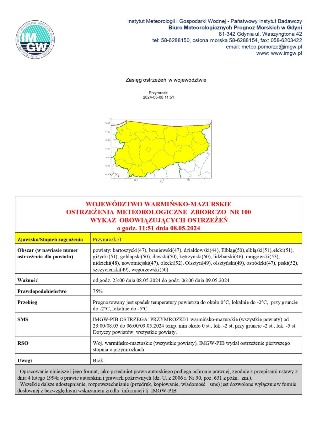 Ostrzeżenie meteorologiczne zbiorczo nr 100