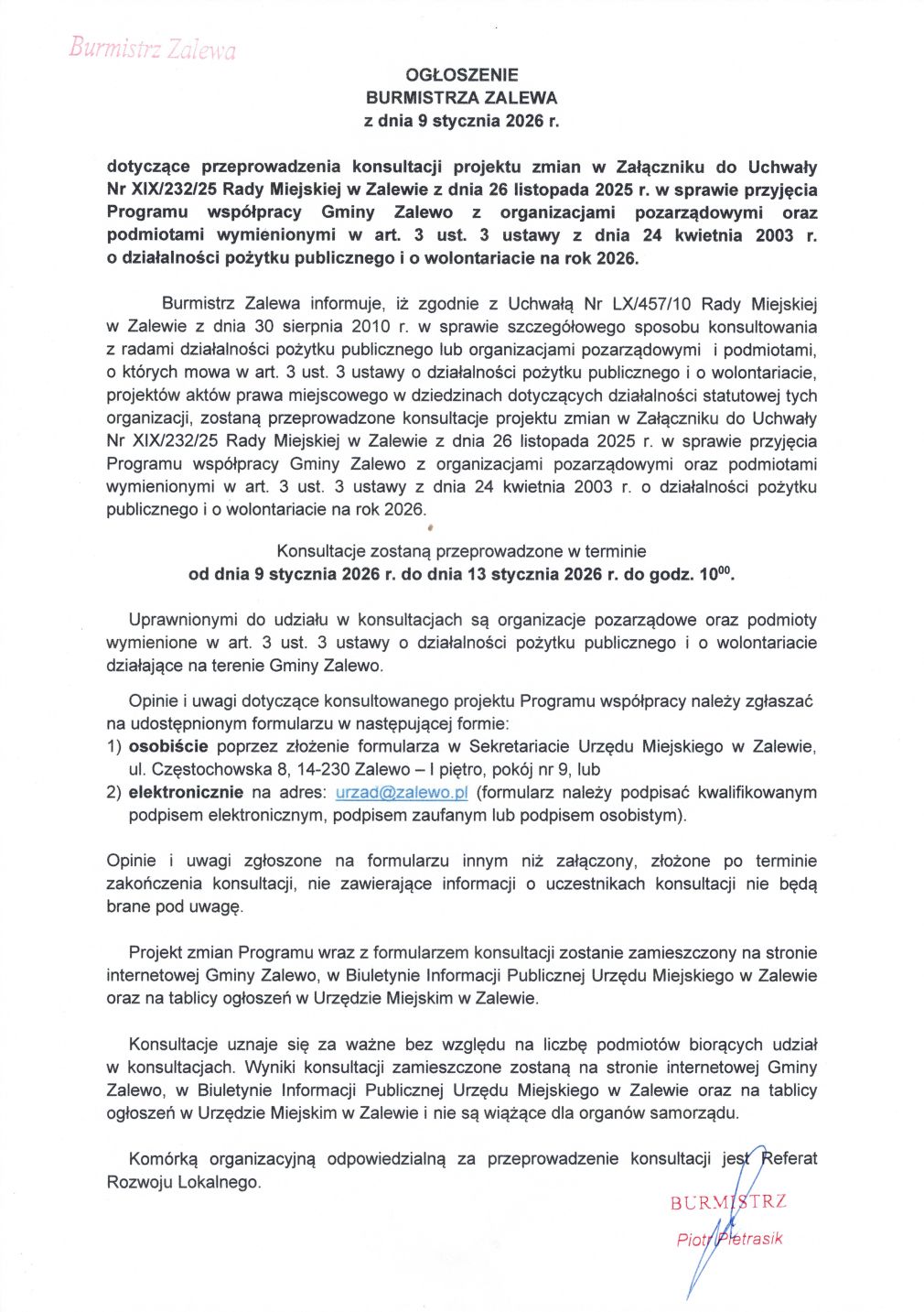 Ogłoszenie w sprawie konsultacji projektu zmian do Programu Współpracy  Gminy Zalewo z organizacjami pozarządowymi na rok 2026