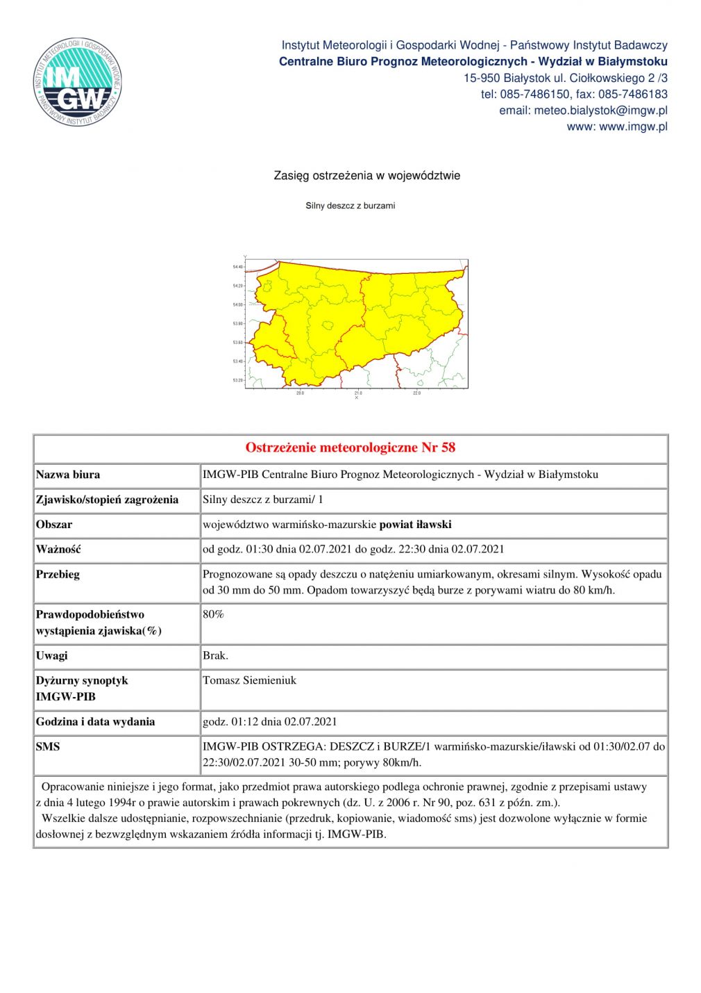 Ostrzeżenie meteorologiczne Nr 58