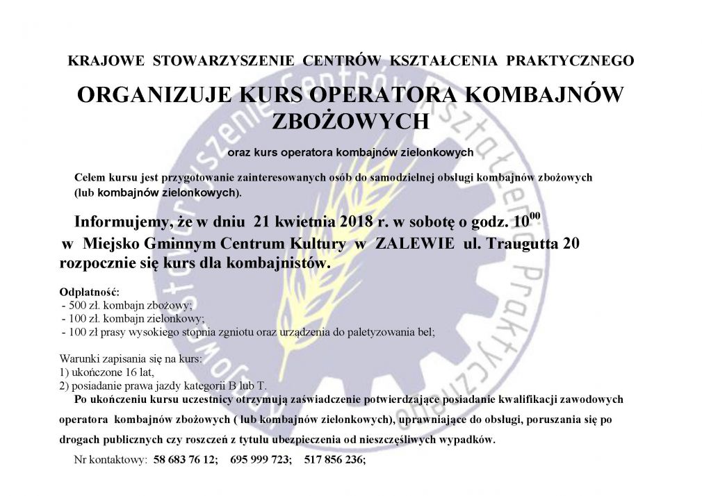 Kurs - operator kombajnów zbożowych