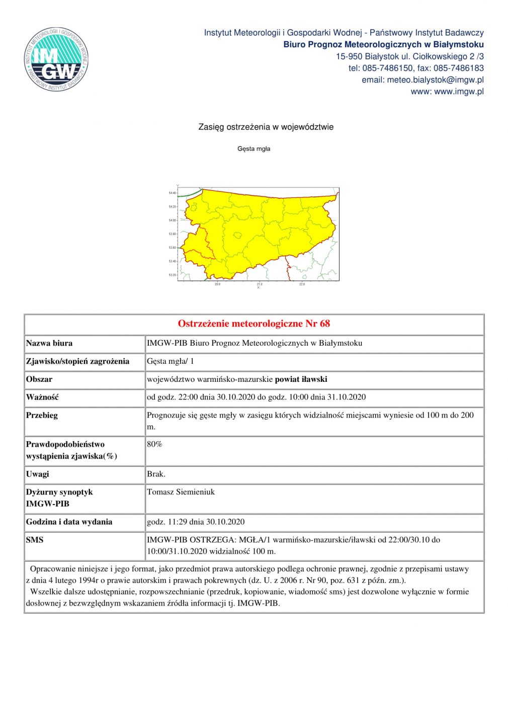 Ostrzeżenie meteorologiczne Nr 68