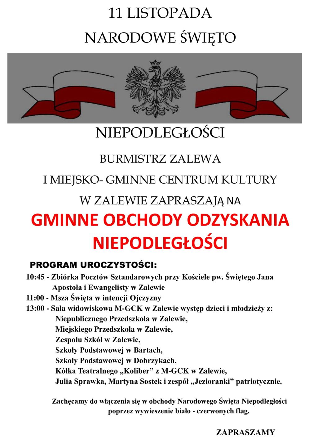 Zaproszenie na Gminne Obchody Odzyskania Niepodległości w Zalewie