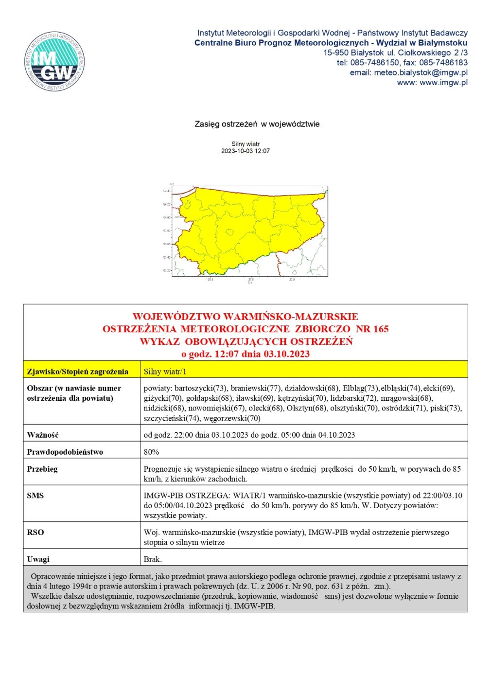 Ostrzeżenie meteorologiczne zbiorczo nr 165