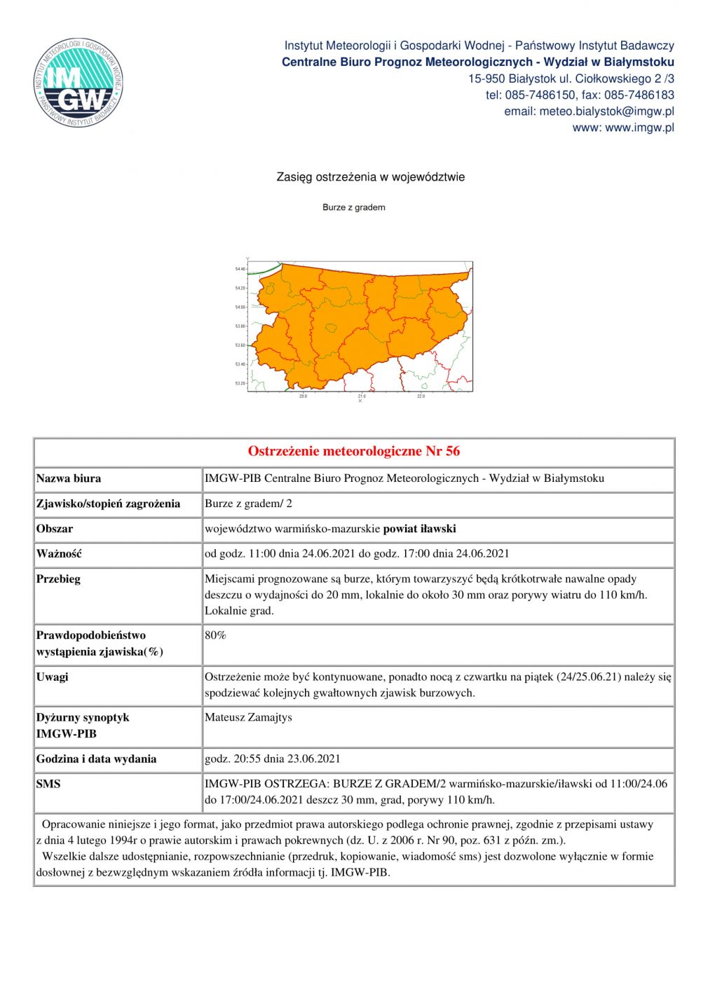 Ostrzeżenie meteorologiczne Nr 56