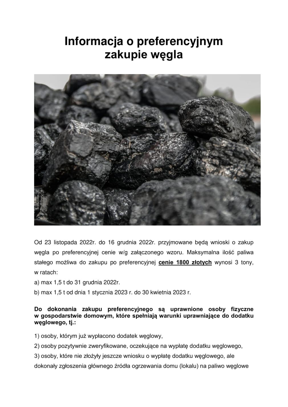 Uwaga! Informacja o zakupie węgla