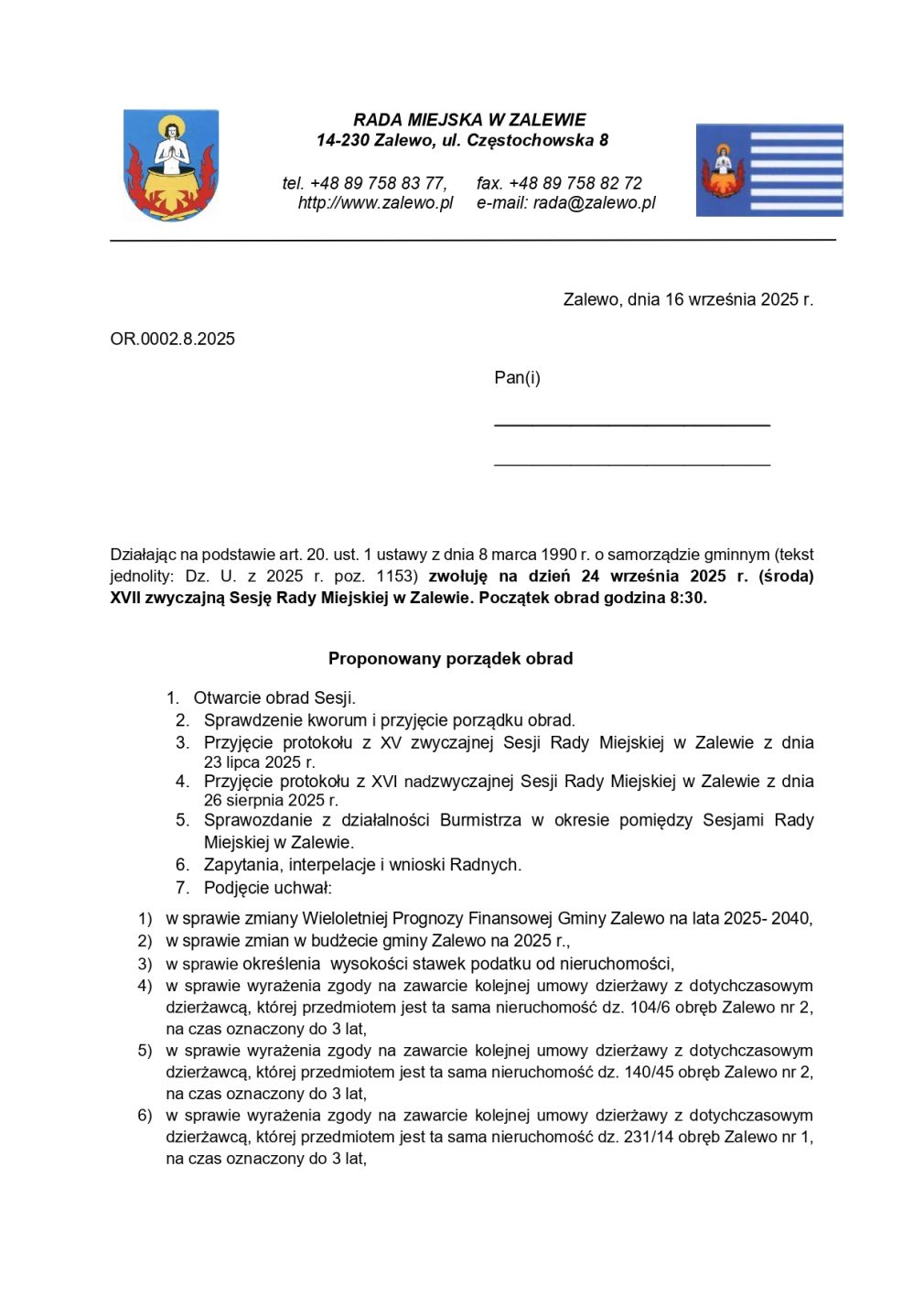 Zaproszenie na XVII zwyczajną Sesję Rady Miejskiej w Zalewie